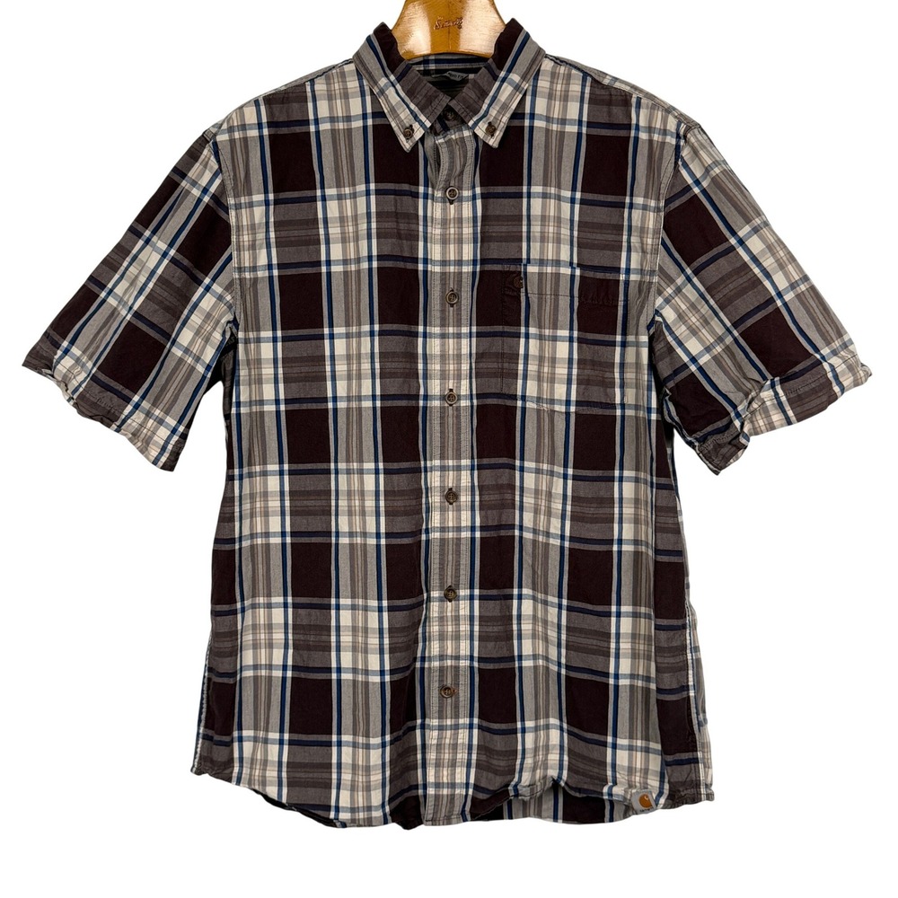 Carhartt Shirt Short Sleeve Plaid Relaxed Fit L Brown Blue Cotton
